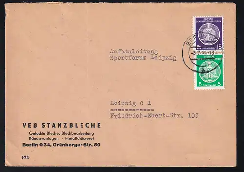 Staatswappen 5 Pfg. und 15 Pfg. auf Brief des VEB Stanzbleche Berlin O 34