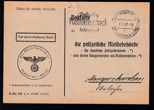 Dienstpostkarte des Polizeipräsident Frankfurt (Main), karte  kl. Einriss