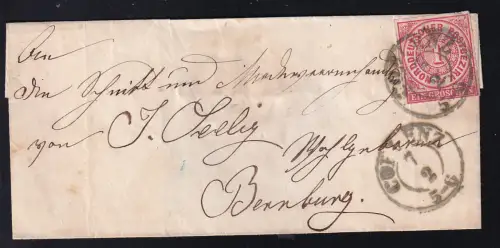 Ziffer 1 Gr. auf Briefhülle mit K2 COBLENZ 7.2. nach Bernburg