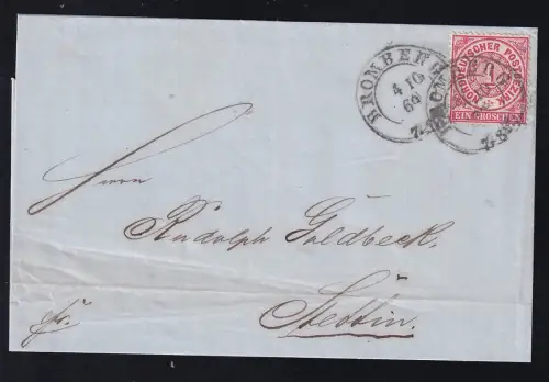 Ziffer 1 Gr. auf Briefhülle mit K2 BRONBERG 4.10.69 nach Berlin