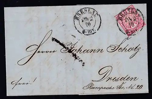 Zuffer 1 Gr. auf Brief mit K2 BRESLAU 20.2.70 nach Dresden
