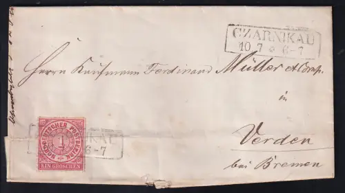 Ziffer 1 Gr. auf Brief mit R2 CZARNKAU 10.7. nach Verden