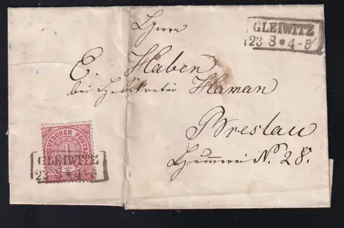 Ziffer 1 Gr. auf Briefhülle mit R2 GLEIWITZ 23.8. nach Breslau
