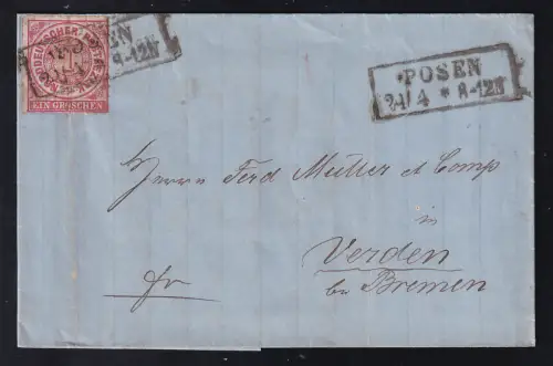 Ziffer 1 Gr. auf Brief  mit R2 POSEJN 24.4. nach Verden bei Bremen