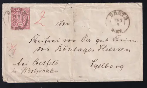 Ziffer 1 Gr. auf Brief  mit K2 DEUTZ 24.7.70 nach Egelborg, Brief etweas unfrisch