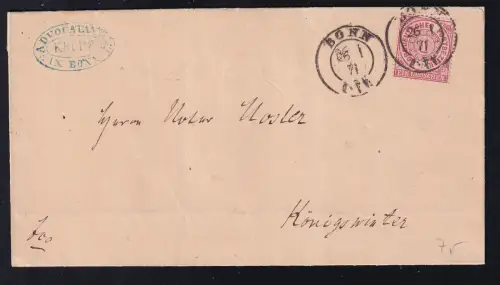 Ziffer 1 Gr. auf Briefhülle  mit K2 Bonn 26.1.71 nach Königswinter