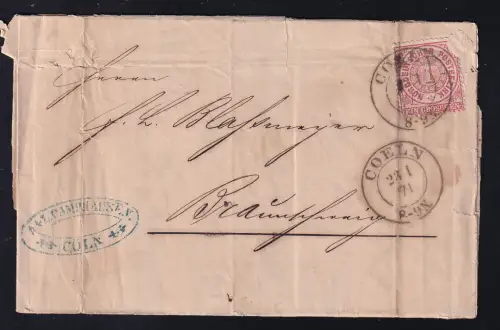 Ziffer 1 Gr. auf Brief mit K2 COELN 23.1.71 nach Braunschweig