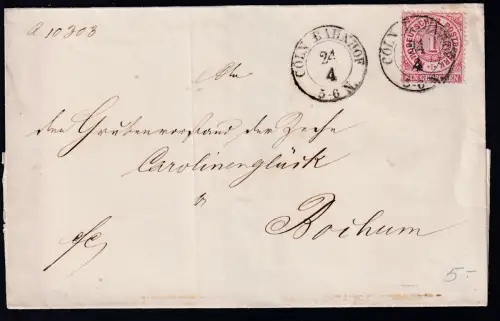 Ziffer 1 Gr. auf Briefhülle  mit K2 CÖLN BASHNHOF 24.4. nach Carolinenglück