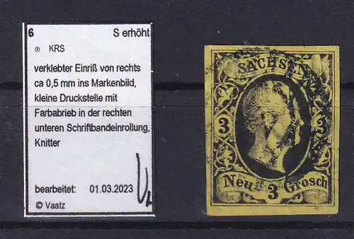 König Friedrich August II 3 Ngr. mit Vollgitterstempel, verklebter Einriss,  gepr. Vaatz BPP