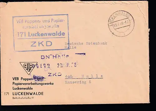 R4 VEB Pappen- und Papier-verarbeitungswerke 171 Luckenwalde ZKD auf Brief, 