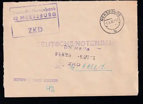 R3 Deutsche Notenbank 42 MERSEBURG ZKD auf Brief, Brief dreiseitig geöffnet