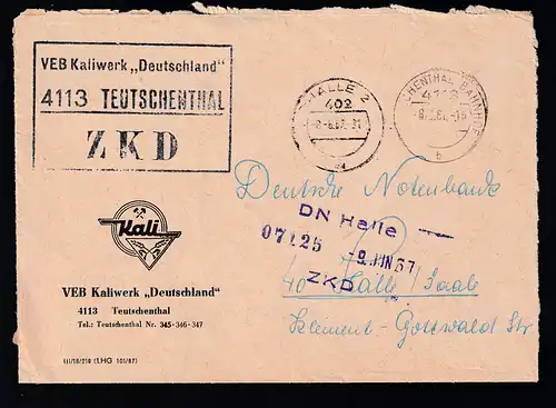 R3 VEB Kaliwerk "Deutschland" 4113 TEUTSCHENTHAL ZKD auf Brief, Brief dreiseitig geöffnet