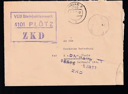 R3 VEB Steinkohlenwerk 4101 PLÖTZ ZKD auf Brief, Brief dreiseitig geöffnet