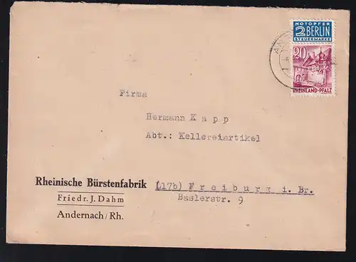 Freimarke 20 Pfg. auf Brief der Rheinischen Bürstenfabrik Andernach 