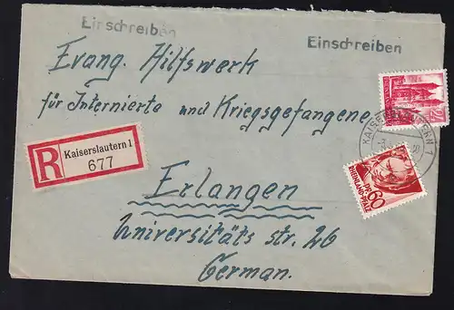 Freimarke 24 Pfg. und 60 Pfg. auf R-Brief ab Kaiserslautern 3.5.48 nach Erlangen, 