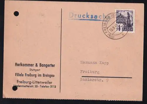Freimarke 4 Pfg. auf Firmenpostkarte (Herkammer & Rangerter, Stuttgart Filiale Freiburg),  