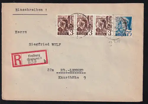 Freimarke 3 Pfg. (3x) und 75 Pfgh. auf R-Brief ab Freiburg 19.5.48 nach RD.-Lennep