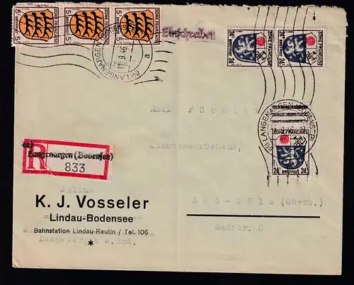 Wappen 5 Pfg. (3x) und 24 Pfg. (3x) auf R-brief ab Langenhagen (Bodensee) 11.9.46 naczh Bad Tölz, 