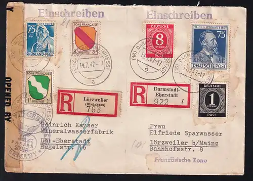 1947 doppelt verwendeter R-Brief ab Darmstadt-Eberstadt nach Lörzweiler mit US-Zensur 