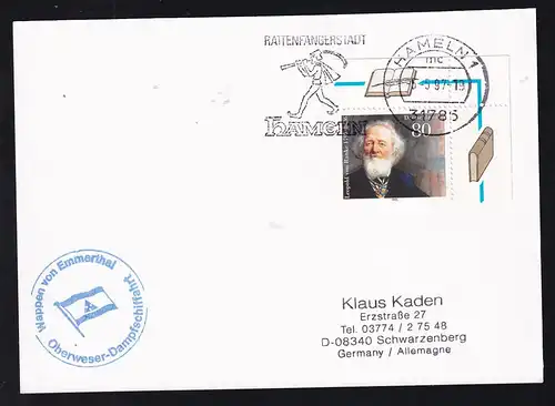 OSt. Hameln 5.5.97 + K1 wappen von Emmerthal Oberweser-Dampfschiffahrt auf Postkarte