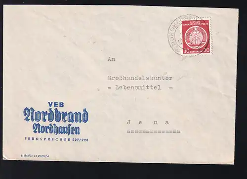 Staatswappen 30 Pfg. auf Brief des VEB Nordbrand Nordhausen