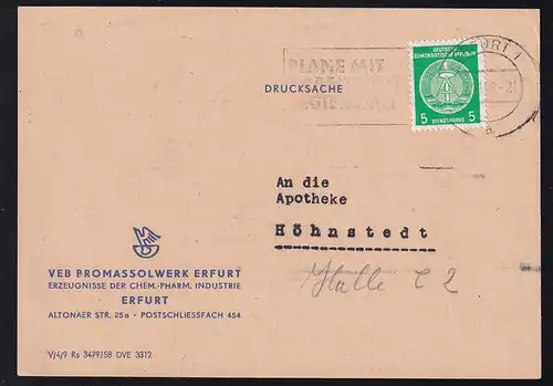 Staatswappen 5 Pfg. auf Postkarte des VWEB Promassolwerk Erfurt