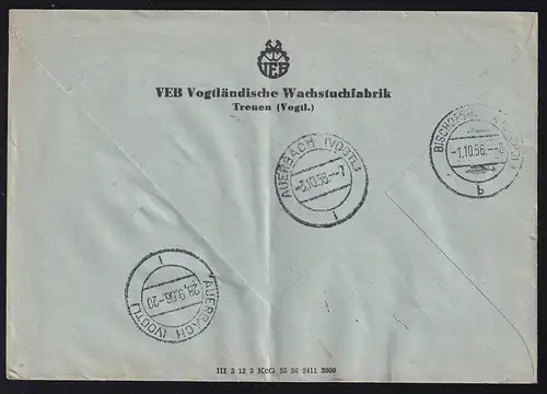 Ziffer 20 Pfg. auf Fensterbrief des VEB Vogtländische Wachstuchfabrik Treuen (Vogtl.), 