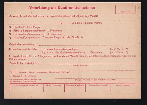 DDR Vordruck-Postkarte "Abmeldung als Rundfunkteilnehmer", ungebraucht