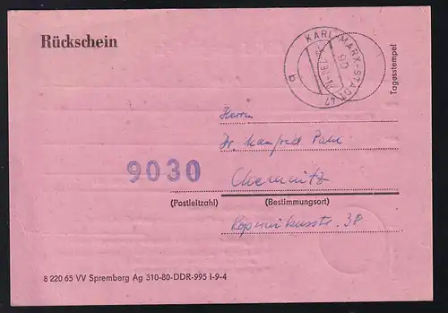 1990 Rückschein mit Ortsangabe Chemnitz und Poststempel KARL-MQARX-ST&ADT