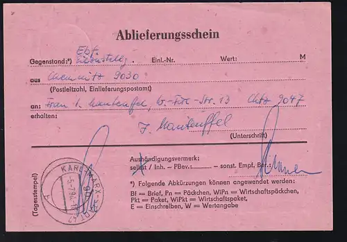 1990 Rückschein mit Ortsangabe Chemnitz und Poststempel KARL-MQARX-ST&ADT