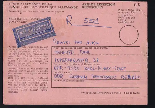 1982 Rückschein für Paket von Karl-Marx-Stadt nach Sao Paulo/Brasilien