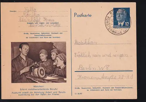 Wilhem Pieck 12 Pfg. mit Bild Metallgverarbeitung ab Steinhöfel über Fürstenwalde 8.11.54