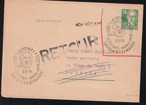 Persönlichkeiten 10 Pfg. Drucksachen-umschlag 1953 ab Leipzig in die Schweiz mit Retour-Stempel