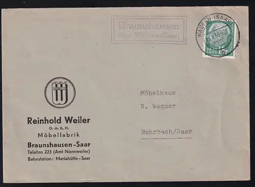 Theodor Heuss 15 F. auf Firmenbrief (Möbelfabrik Braunshausen-Saar) ab Wadern (Saar) 19.9.58