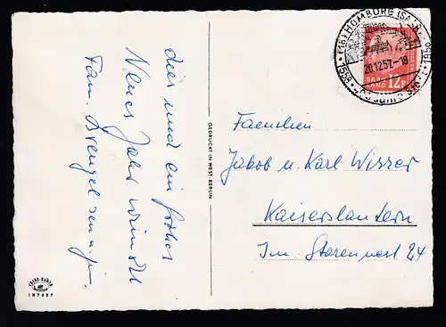 Theodor Heuss 12 F. auf Weihnachtskarte ab Homburg (Saar) 20.12.57 nach Kaiserslautern