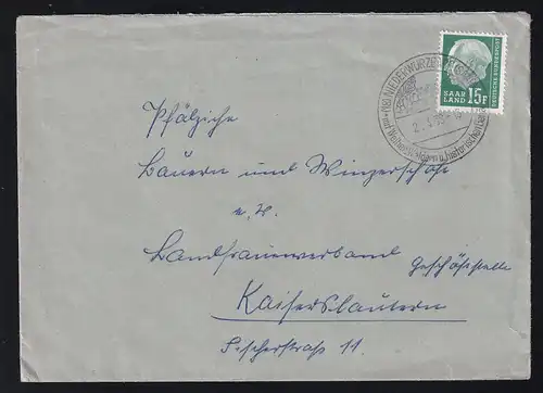 Theodor Heuss 15 F. auf Brief ab Niederwürzbach (Saar) 22.4.59 nach Kaiserslautern