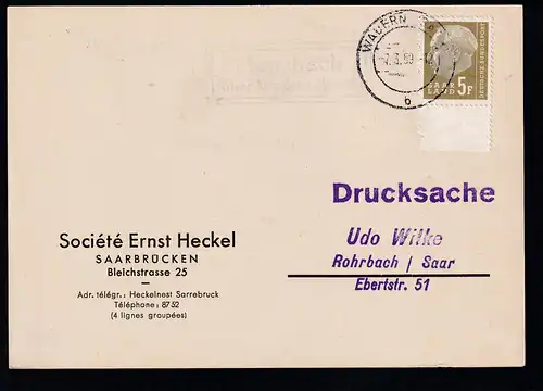 Theodor Heuss 5 F. auf Sammler-Postkarte (Ernst Heckel) aus Hausbach über Wadern (Saar)