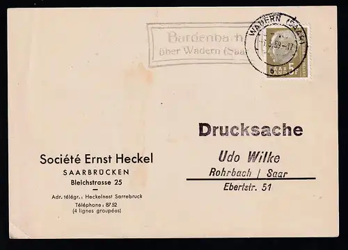 Theodor Heuss 5 F. auf Sammler-Postkarte (Ernst Heckel) aus Bardenbach über Wadern (Saar) nach 