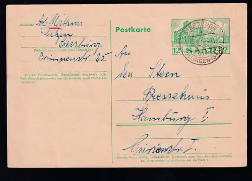 Hauptpost Saarbrücken 12 F. ab Siersburg über Dillingen 18.2.56 nach Hamburg