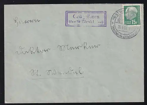Theodor Heuss 15 F. auf Brief aus Crügelborn +ber St- Wendel (Saar) hnach St. Wendel