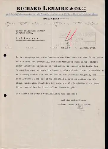 Firmenrechnung "Richard Lemaibre & CO GmbH" Spezialfabrik für Fiseurwerkzeuge,