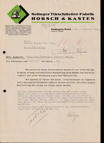Firmenrechnung "Horsch & Kasten" Solinger Türschließer-Habrik, 1939, Aktenlochung