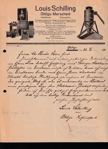 Firmenrechnung "Louis Schilling Ohligs-Merscheid" Ventilatoren Exhaustoren, 1930, Aktenlochung
