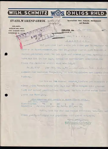 Firmenrechnung "Wilh. Schmitz, Ohligs" Stahlwarenfabrik, 1930, Aktenlochung