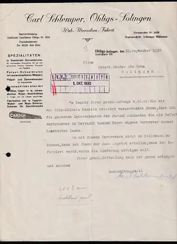 Firmenrechnung "Carl Schlemper Ohligs-Solingen", Web-Utemsilien-Fabrik, 1930, Aktenlochung