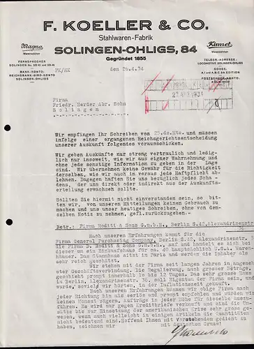 Firmenrechnung "F. Koeller & Co. Solingen-Ohligs", Stahlwaren-Fabrik, 1934, Aktenlochung