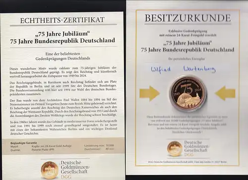 Deutschland Gedenkprägung "75 Jahre Bundesrepublik Deutschland" Kupfer mit 24-Karat Goldauflage, 