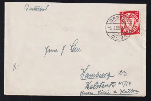 Wappen 15 Pfg.  auf Brief ab Danzig-Oliva 3.12.29 nach Hamburg 23
