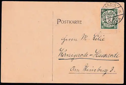 Wappen 10 Pfg. auf Postkarte abh Danzig-Oliva 30.4.30 nach Wernigerode-Hasserode
