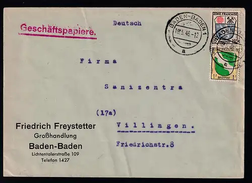 Wappen 1 Pfg. und 15 Pfg. auf Firmenbrief (Friedrich Freystetter, Baden-Baden) 